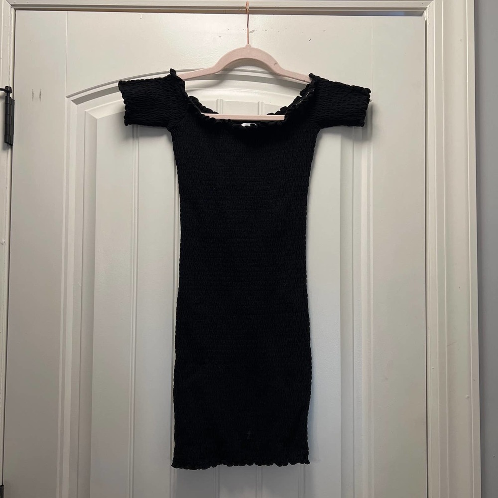 Fitch & Mode Women's Stretch Smocked‎ Mini Dress Black Off The Shoulder Size S